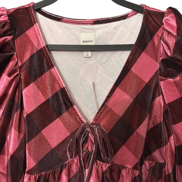 Maeve Anthropologie Womens Velvet Babydoll Top Puff Shoulders Pink - Picture 6 of 8